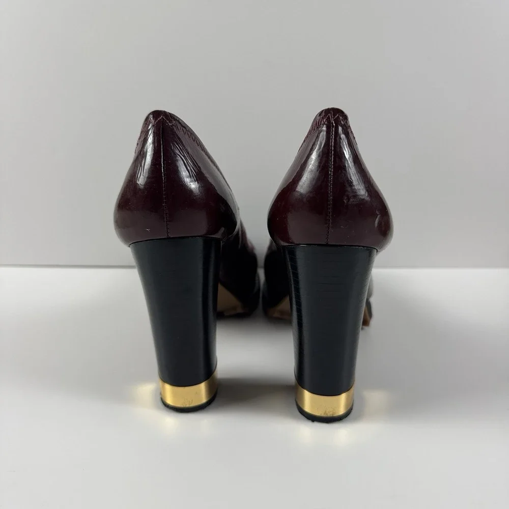 Tory Burch Leanne Burgundy Leather Lug Sole Block Heel Pump Size 7.5